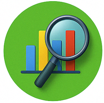 Magnifying glass analyzing colorful bar chart for research insights